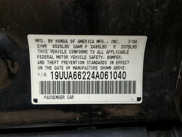 19UUA66224A061040 - 2004 ACURA TL BLACK photo 10