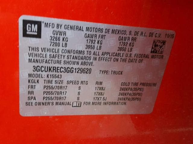 3GCUKREC3GG129620 - 2016 CHEVROLET SILVERADO RED photo 10