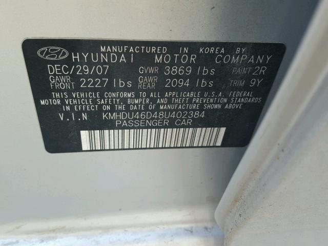 KMHDU46D48U402384 - 2008 HYUNDAI ELANTRA GL SILVER photo 10