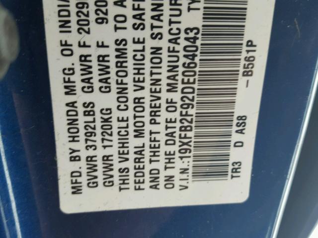 19XFB2F92DE064043 - 2013 HONDA CIVIC EXL Көк фото 10