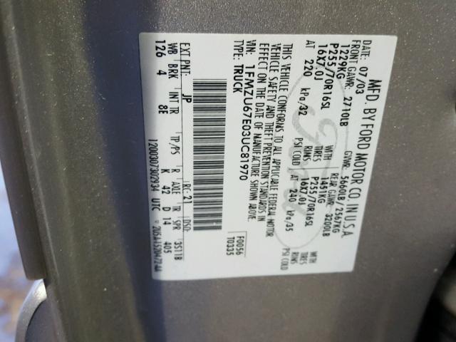 1FMZU67E03UC81970 - 2003 FORD EXPLORER S SILVER photo 10