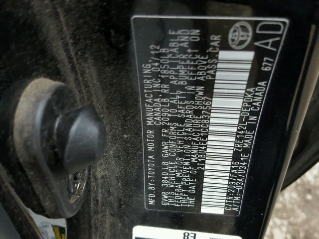 2T1BU4EE1CC837567 - 2012 TOYOTA COROLLA BA BLACK photo 10