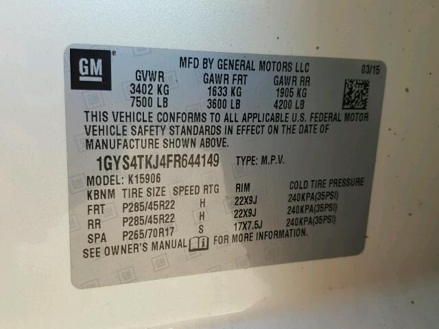 1GYS4TKJ4FR644149 - 2015 CADILLAC ESCALADE E WHITE photo 10