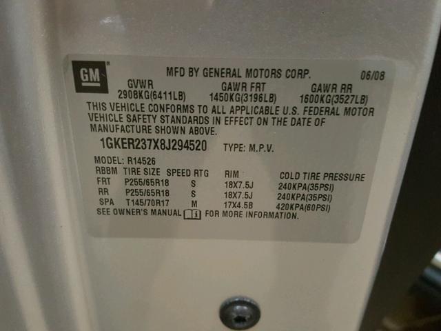 1GKER237X8J294520 - 2008 GMC ACADIA SLT 银色 照片 10