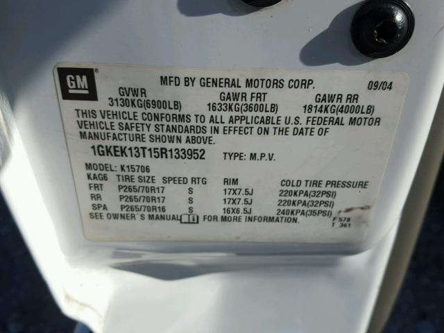 1GKEK13T15R133952 - 2005 GMC YUKON WHITE photo 10