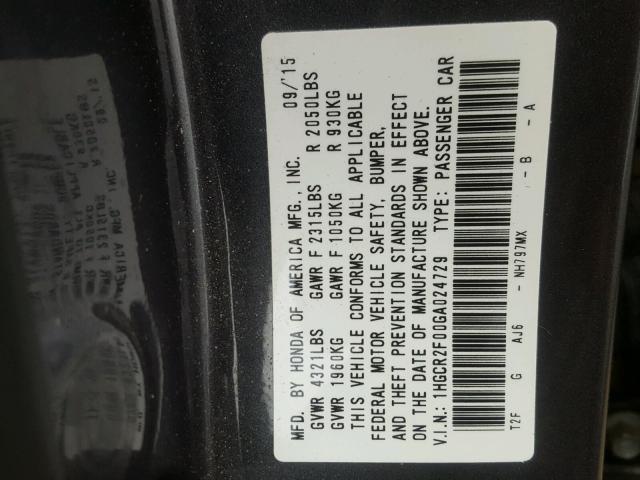 1HGCR2F00GA024729 - 2016 HONDA ACCORD EX GRAY photo 10