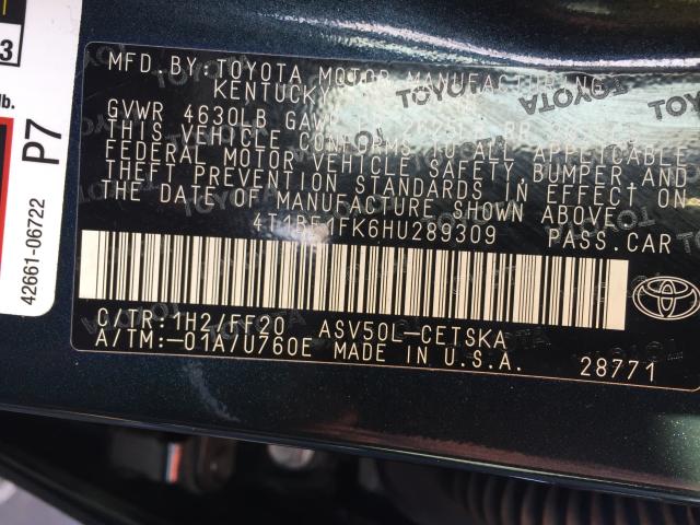 4T1BF1FK6HU289309 - 2017 TOYOTA CAMRY LE შავი ფოტო 10