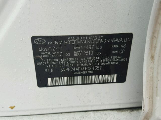 5NPE24AF4FH001352 - 2015 HYUNDAI SONATA SE WHITE photo 10