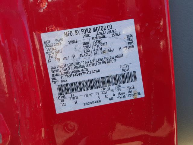 1FTRF14W97KC76766 - 2007 FORD F150 RED photo 10