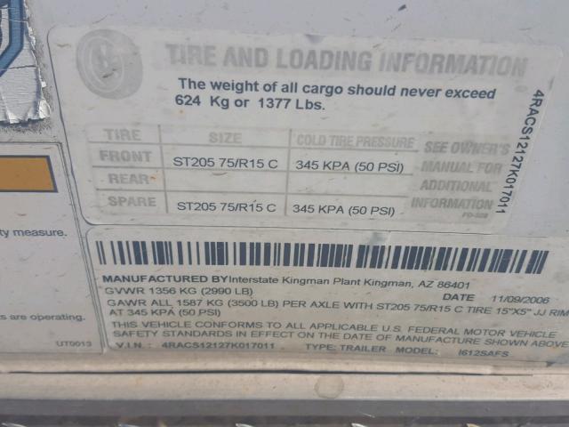 4RACS12127K017011 - 2007 UTILITY TRAILER WHITE photo 10