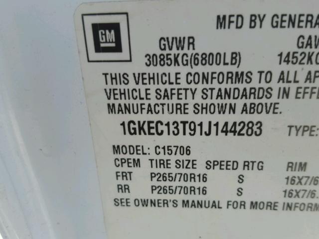 1GKEC13T91J144283 - 2001 GMC YUKON WHITE photo 10