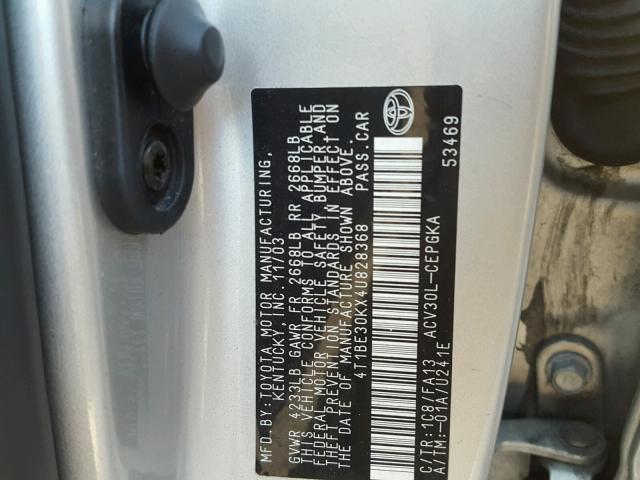 4T1BE30KX4U828368 - 2004 TOYOTA CAMRY LE ვერცხლისფერი ფოტო 10