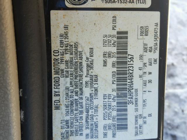 3FAHP0HA4BR231567 - 2011 FORD FUSION SE BLACK photo 10