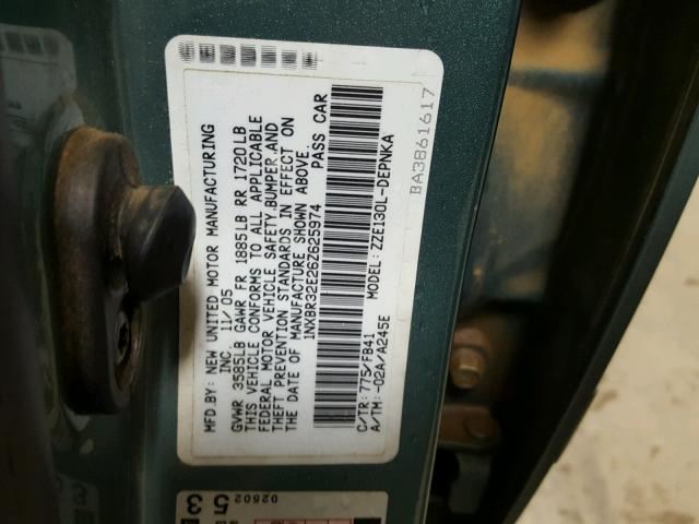 1NXBR32E26Z625974 - 2006 TOYOTA COROLLA CE TEAL photo 10