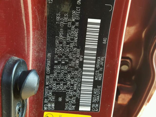 JTEDP21A770135529 - 2007 TOYOTA HIGHLANDER RED photo 10