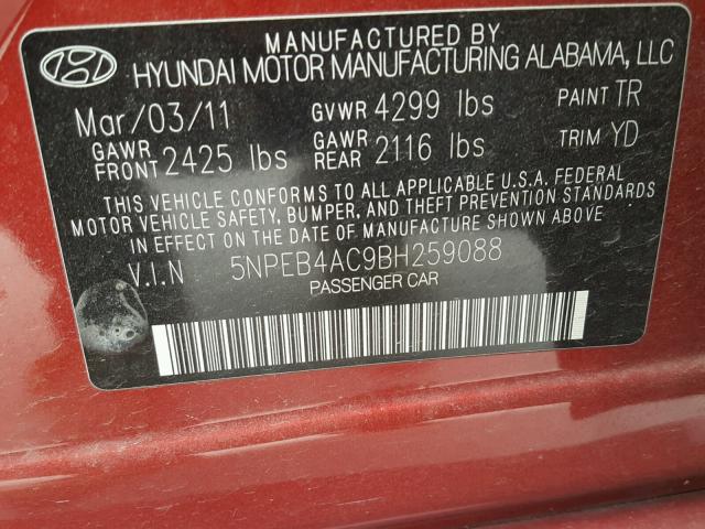 5NPEB4AC9BH259088 - 2011 HYUNDAI SONATA GLS RED photo 10