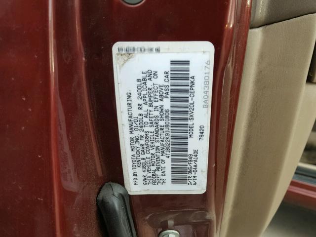 4T1BG22K91U801806 - 2001 TOYOTA CAMRY CE MAROON photo 10