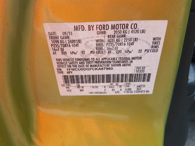 1FMCU0DG7CKA87960 - 2012 FORD ESCAPE XLT GREEN photo 10