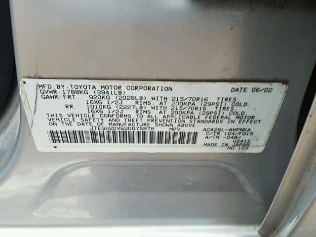 JTEGH20V620075878 - 2002 TOYOTA RAV4 SILVER photo 10