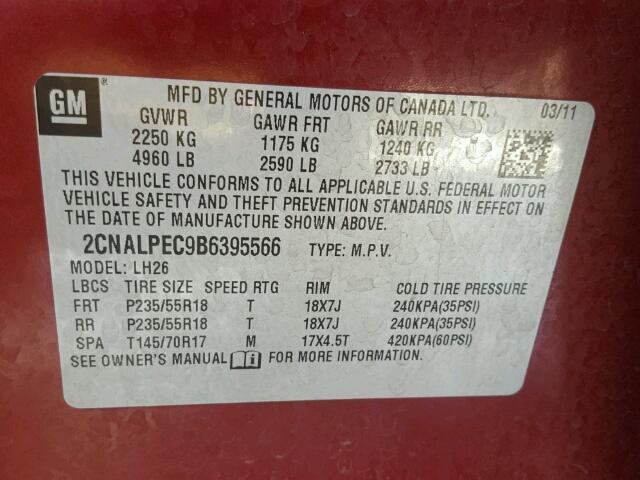 2CNALPEC9B6395566 - 2011 CHEVROLET EQUINOX LT RED photo 10