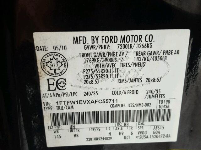 1FTFW1EVXAFC55711 - 2010 FORD F150 SUPER BLACK photo 10