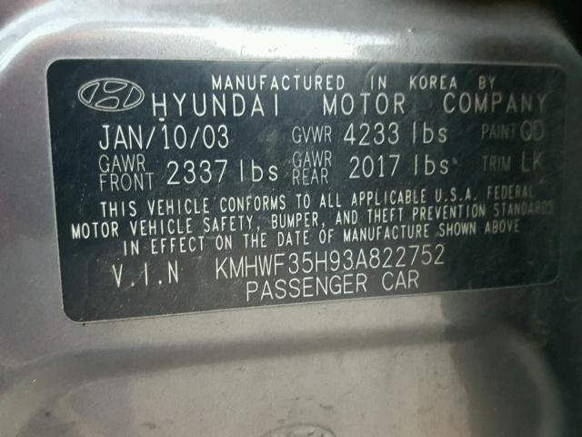 KMHWF35H93A822752 - 2003 HYUNDAI SONATA GLS GRAY photo 10