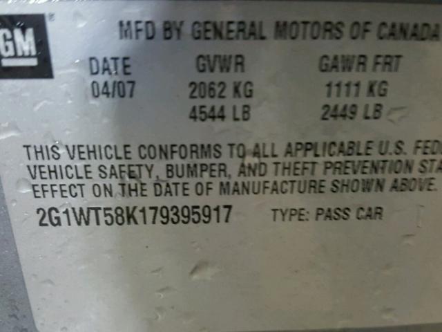 2G1WT58K179395917 - 2007 CHEVROLET IMPALA LT GRAY photo 10