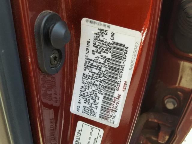 4T1BF32K22U031460 - 2002 TOYOTA CAMRY LE RED photo 10