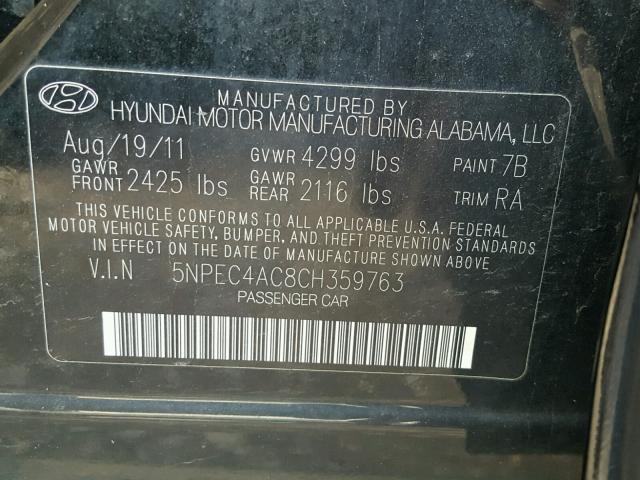 5NPEC4AC8CH359763 - 2012 HYUNDAI SONATA SE BLACK photo 10