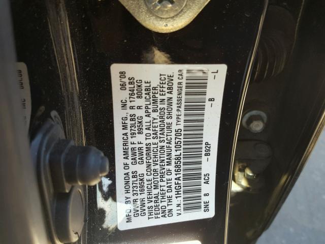 1HGFA16858L105705 - 2008 HONDA CIVIC EX BLACK photo 10