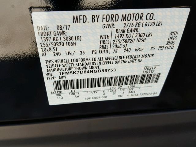 1FM5K7D84HGD86753 - 2017 FORD EXPLORER X BLACK photo 10