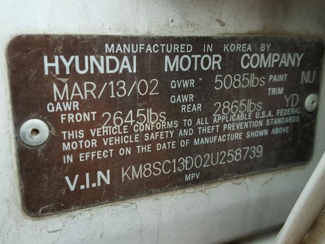 KM8SC13D02U258739 - 2002 HYUNDAI SANTA FE G WHITE photo 10