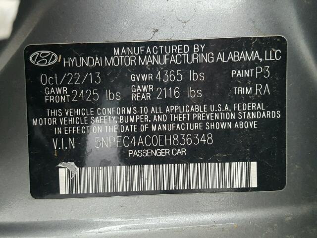 5NPEC4AC0EH836348 - 2014 HYUNDAI SONATA SE GRAY photo 10