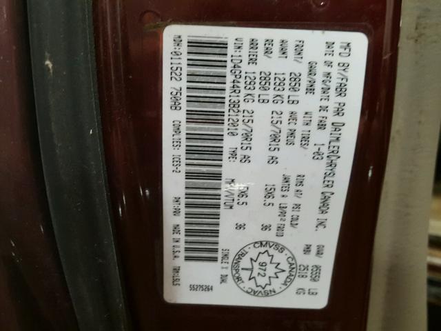 1D4GP44R13B212010 - 2003 DODGE GRAND CARA MAROON photo 10