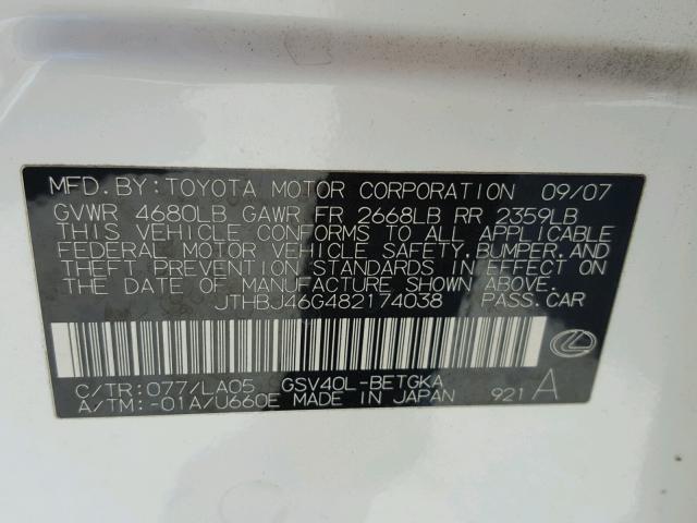 JTHBJ46G482174038 - 2008 LEXUS ES 350 WHITE photo 10