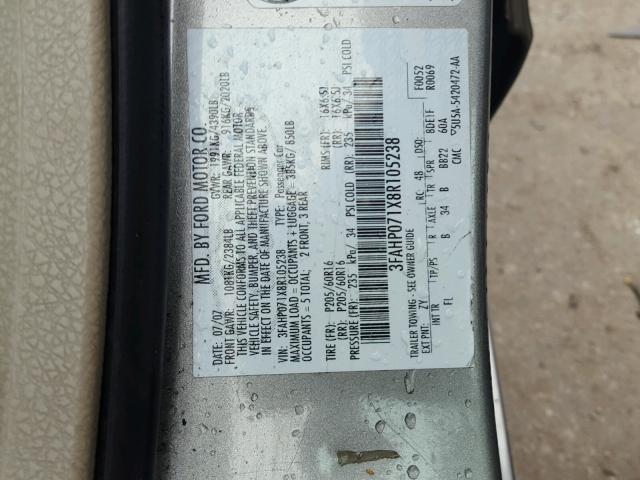 3FAHP071X8R105238 - 2008 FORD FUSION SE GRAY photo 10