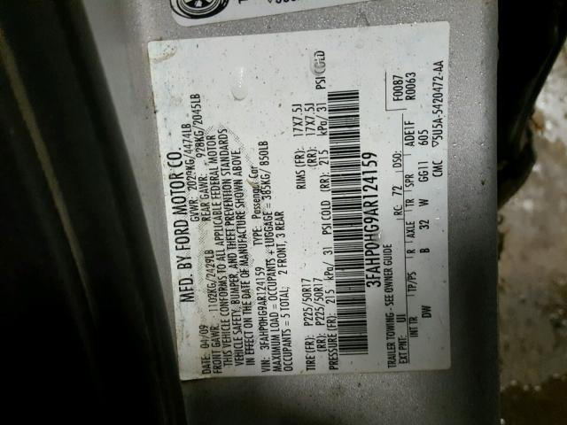 3FAHP0HG9AR124159 - 2010 FORD FUSION SE GRAY photo 10