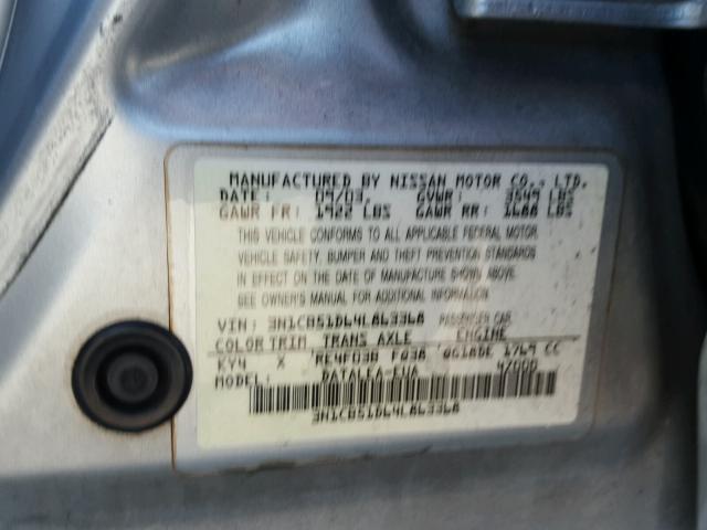 3N1CB51D64L863368 - 2004 NISSAN SENTRA 1.8 SILVER photo 10