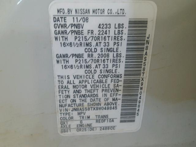 JN8AS58TX9W049845 - 2009 NISSAN ROGUE S WHITE photo 10