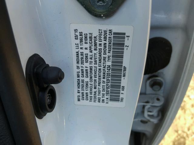 19XFB2F93FE051434 - 2015 HONDA CIVIC EXL Ақ фото 10