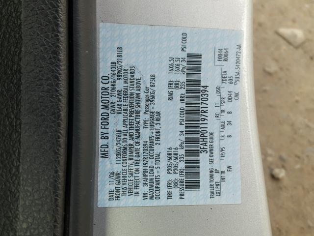 3FAHP01197R170394 - 2007 FORD FUSION SE SILVER photo 10