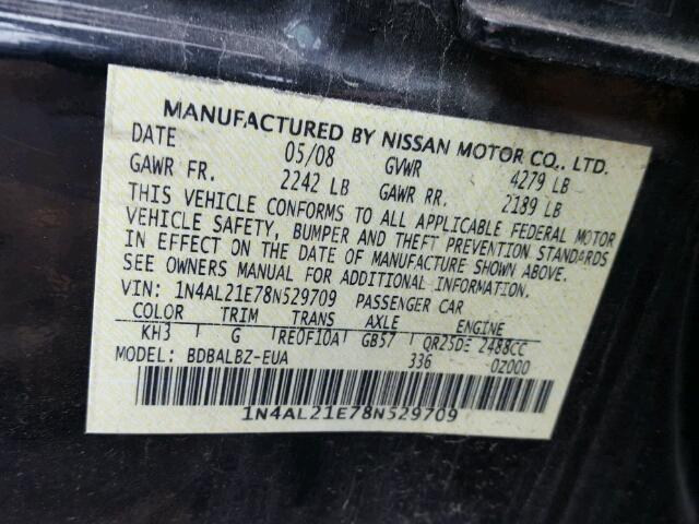 1N4AL21E78N529709 - 2008 NISSAN ALTIMA 2.5 BLACK photo 10