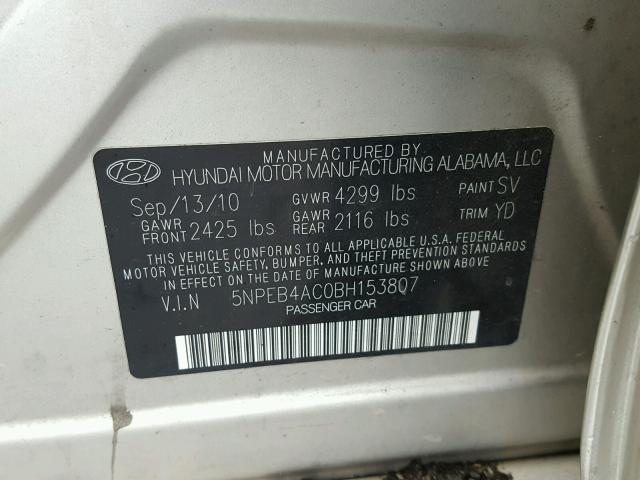 5NPEB4AC0BH153807 - 2011 HYUNDAI SONATA GLS GOLD photo 10