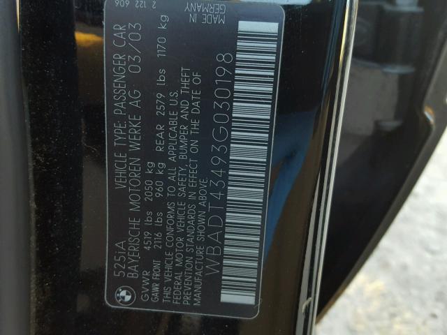 WBADT43493G030198 - 2003 BMW 525 I AUTO BLACK photo 10