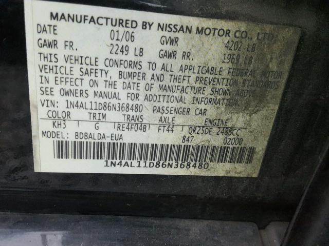 1N4AL11D86N368480 - 2006 NISSAN ALTIMA S BLACK photo 10