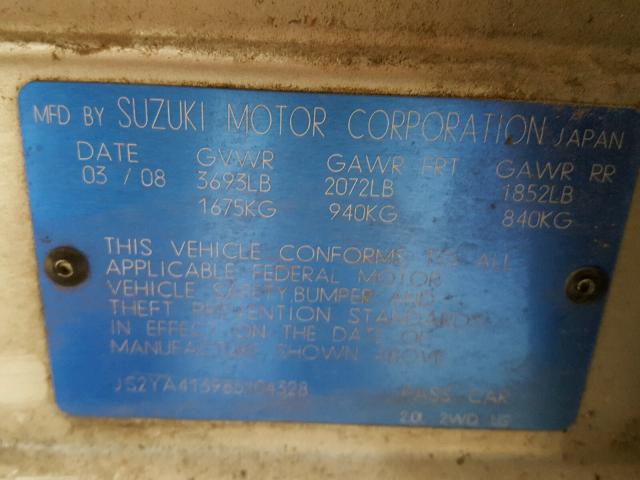 JS2YA413985104328 - 2008 SUZUKI SX4 BASE SILVER photo 10