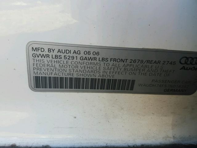 WAUDH74F57N016352 - 2007 AUDI A6 3.2 QUA WHITE photo 10