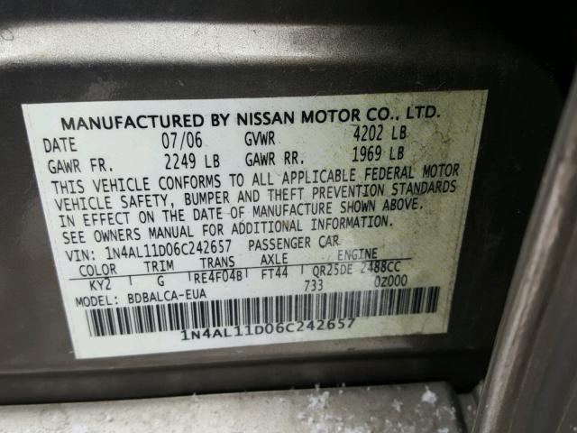 1N4AL11D06C242657 - 2006 NISSAN ALTIMA S BEIGE photo 10