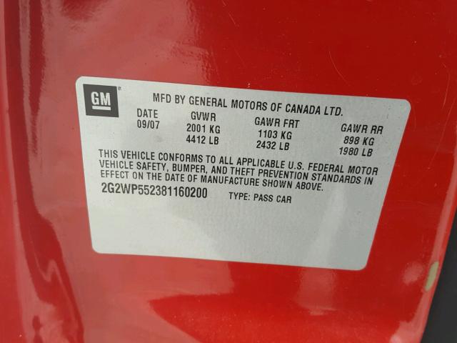 2G2WP552381160200 - 2008 PONTIAC GRAND PRIX Темно-червоний фото 10