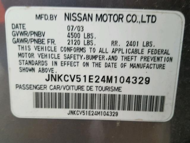 JNKCV51E24M104329 - 2004 INFINITI G35 GRAY photo 10